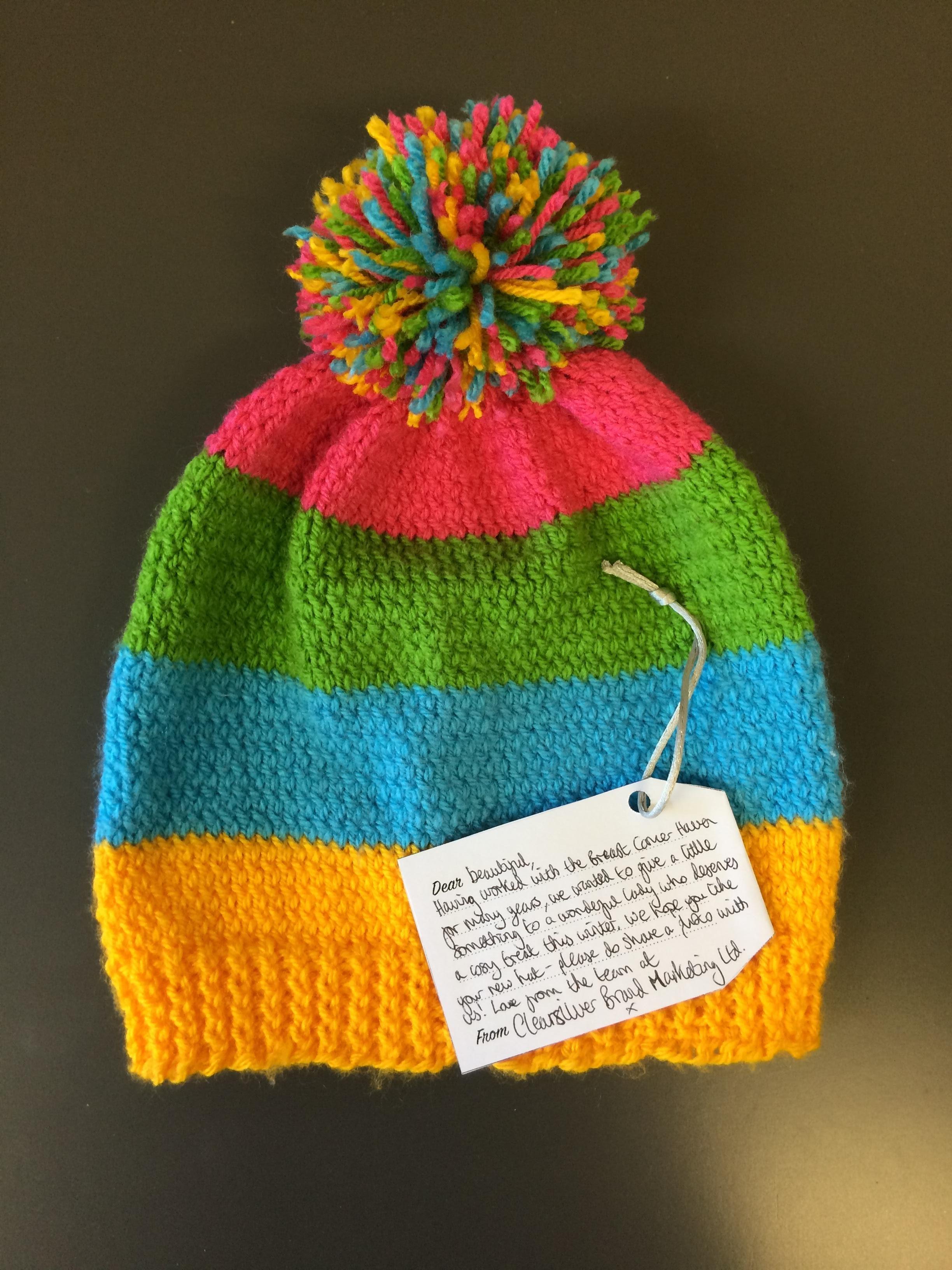 Big Tea Cosy - knitted bobble hat label